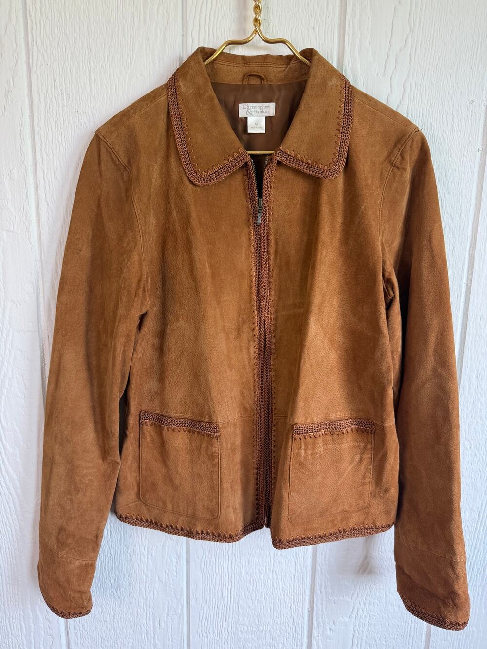 Christopher & Banks Suede Leather Jacket Crochet Trim Western Boho
